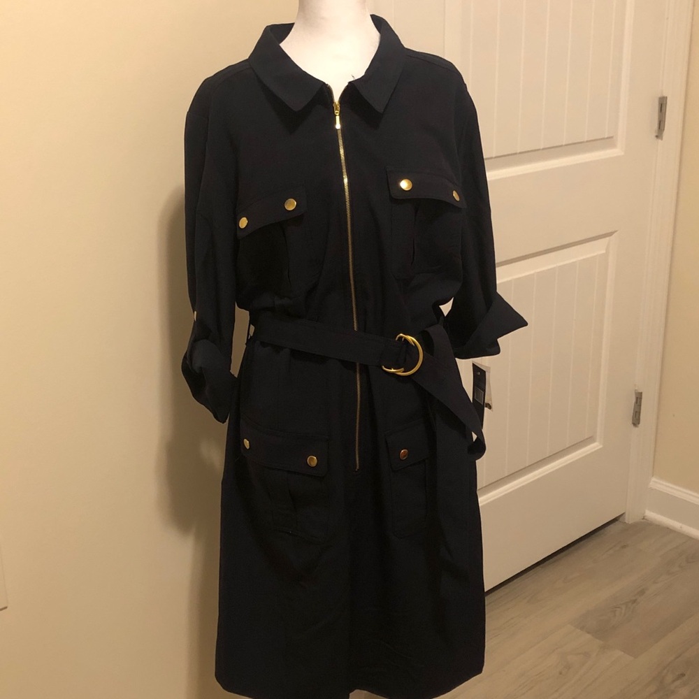 Sharagano Elegant Navy Shirt Dress with Gold Accents